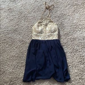 Blue gold Lace high neck dress